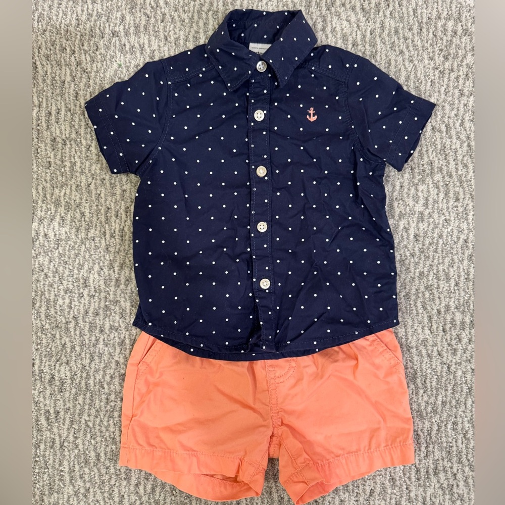 Carters Navy Polka Dot Shirt and Coral Shorts Set EXCELLENT condition size 6M
